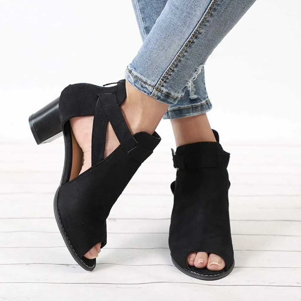 ZBYY Women's Suede Peep Toe Ankle Booties Cut Out Stacked Block Heel Ankle Boots Western Chelsea Booties for Women