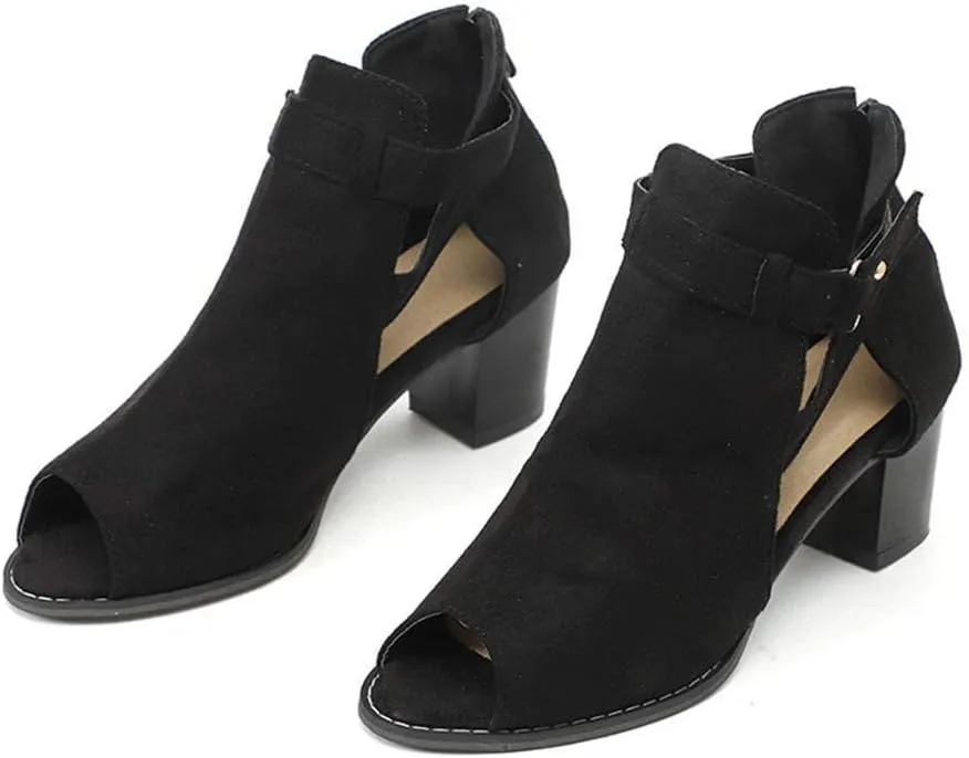 ZBYY Women's Suede Peep Toe Ankle Booties Cut Out Stacked Block Heel Ankle Boots Western Chelsea Booties for Women