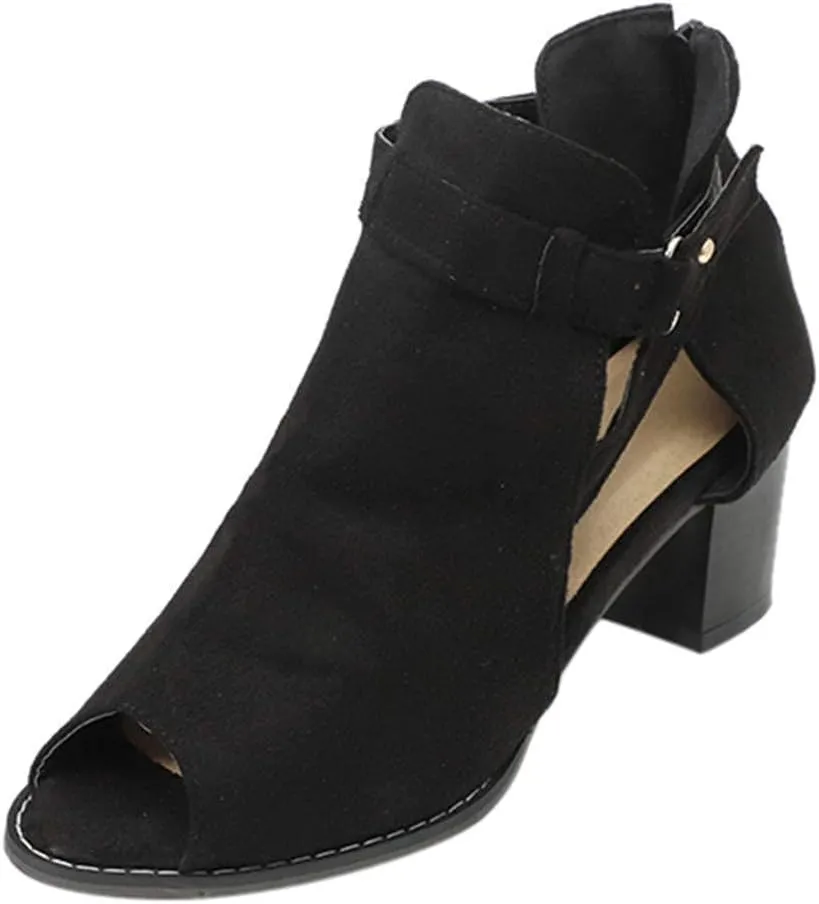 ZBYY Women's Suede Peep Toe Ankle Booties Cut Out Stacked Block Heel Ankle Boots Western Chelsea Booties for Women