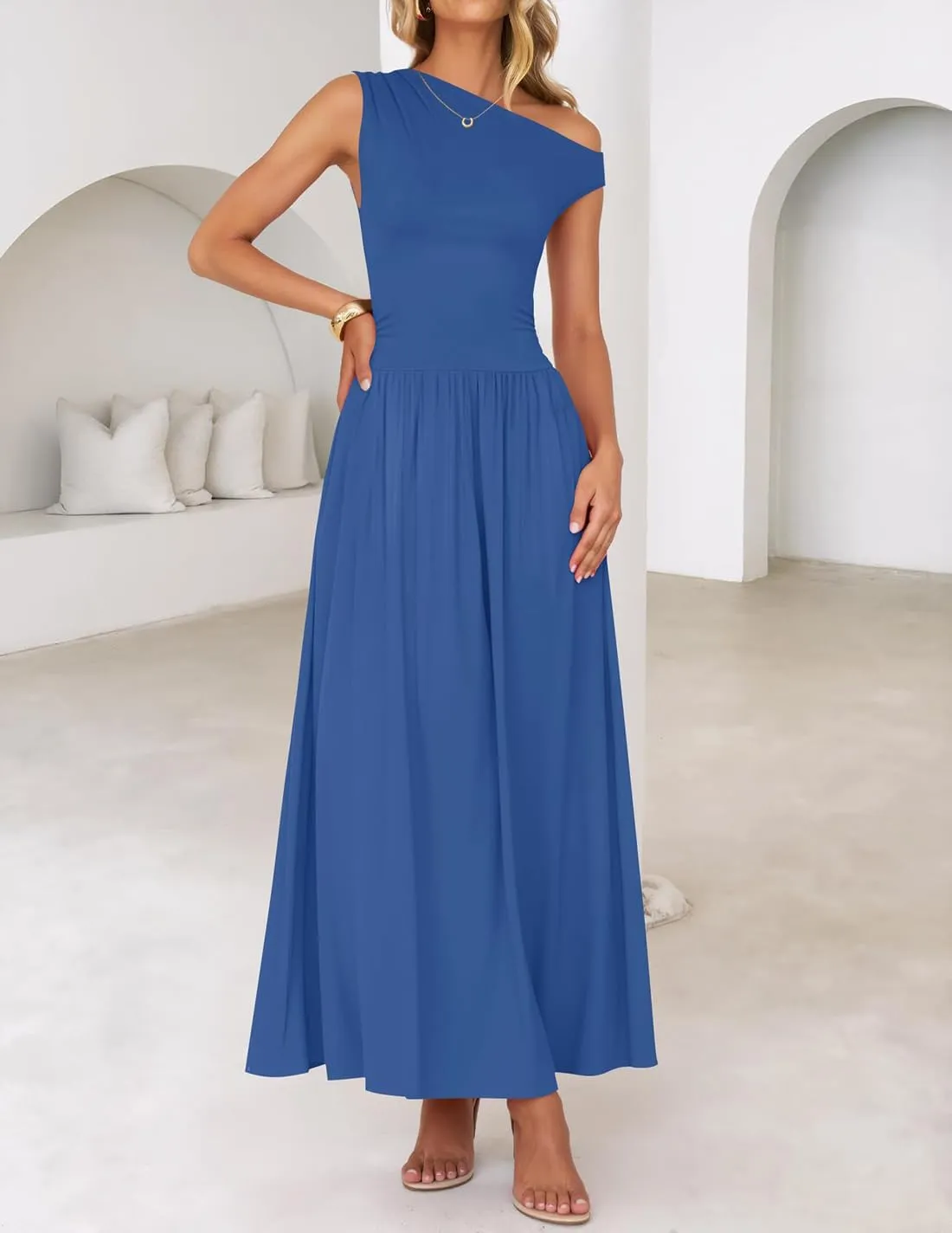 ZESICA Women's Summer 2025 Sleeveless Maxi Dress One Shoulder Casual Slim Swing Pleated Formal Dresses with Pockets