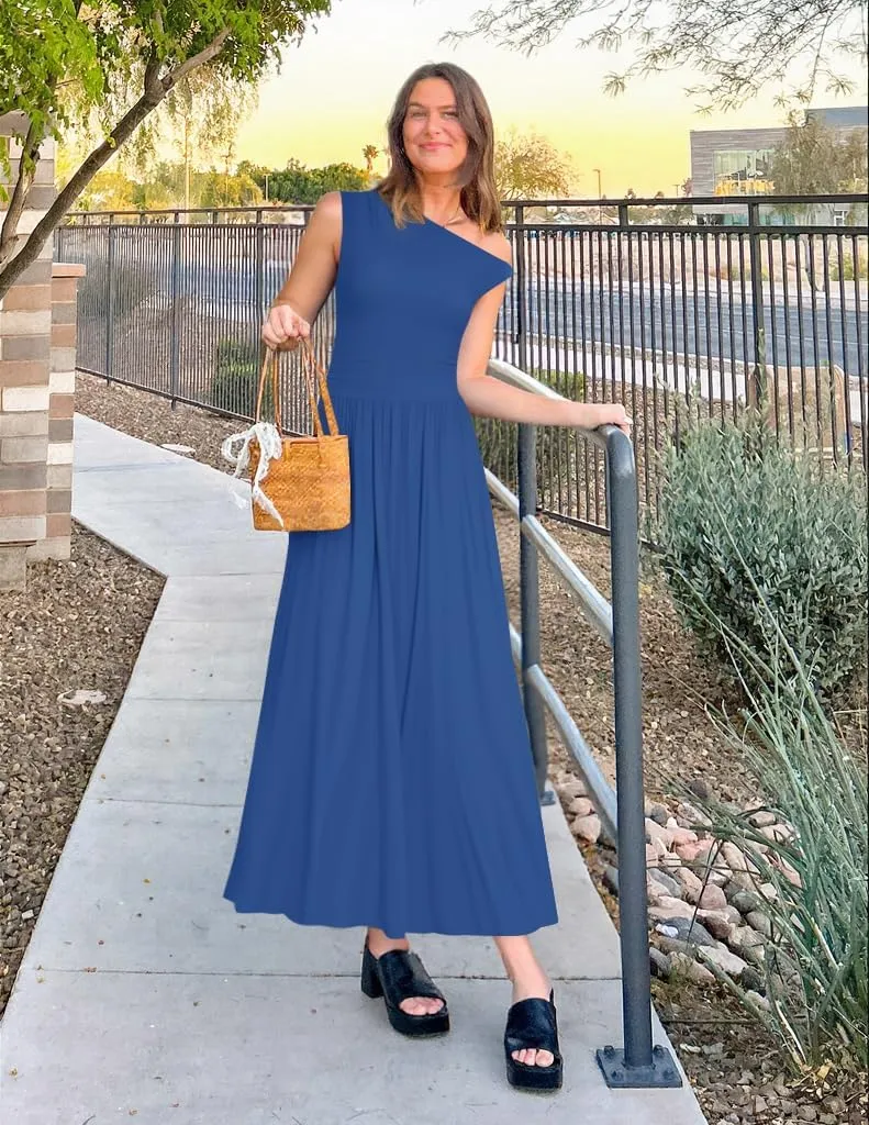 ZESICA Women's Summer 2025 Sleeveless Maxi Dress One Shoulder Casual Slim Swing Pleated Formal Dresses with Pockets