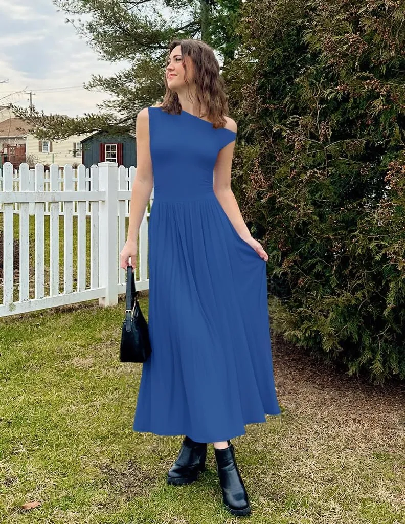ZESICA Women's Summer 2025 Sleeveless Maxi Dress One Shoulder Casual Slim Swing Pleated Formal Dresses with Pockets