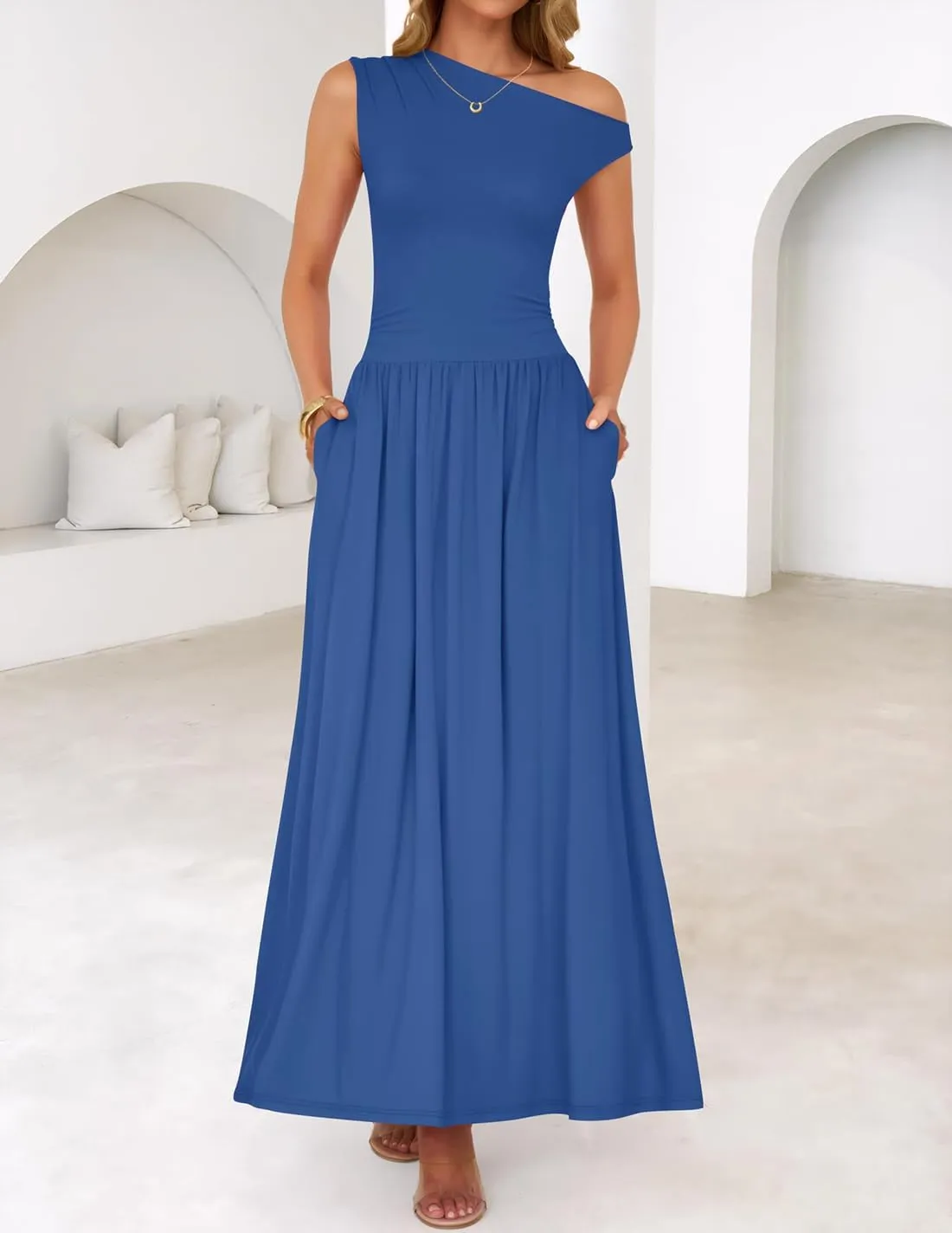 ZESICA Women's Summer 2025 Sleeveless Maxi Dress One Shoulder Casual Slim Swing Pleated Formal Dresses with Pockets