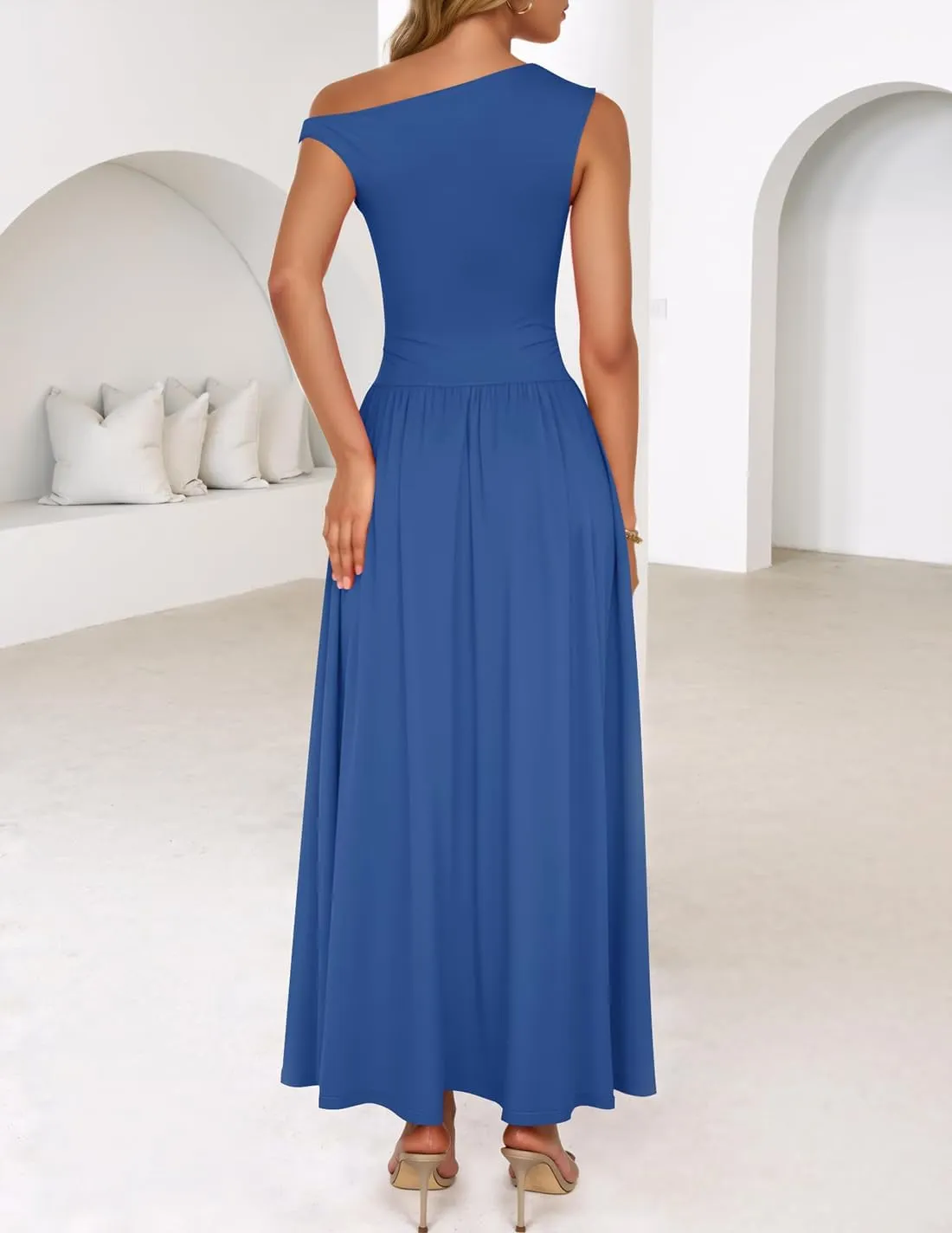 ZESICA Women's Summer 2025 Sleeveless Maxi Dress One Shoulder Casual Slim Swing Pleated Formal Dresses with Pockets