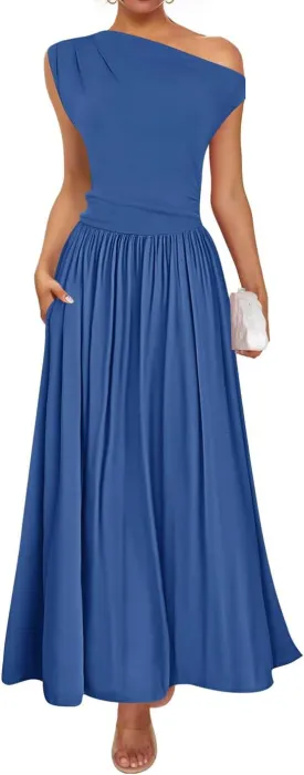 ZESICA Women's Summer 2025 Sleeveless Maxi Dress One Shoulder Casual Slim Swing Pleated Formal Dresses with Pockets